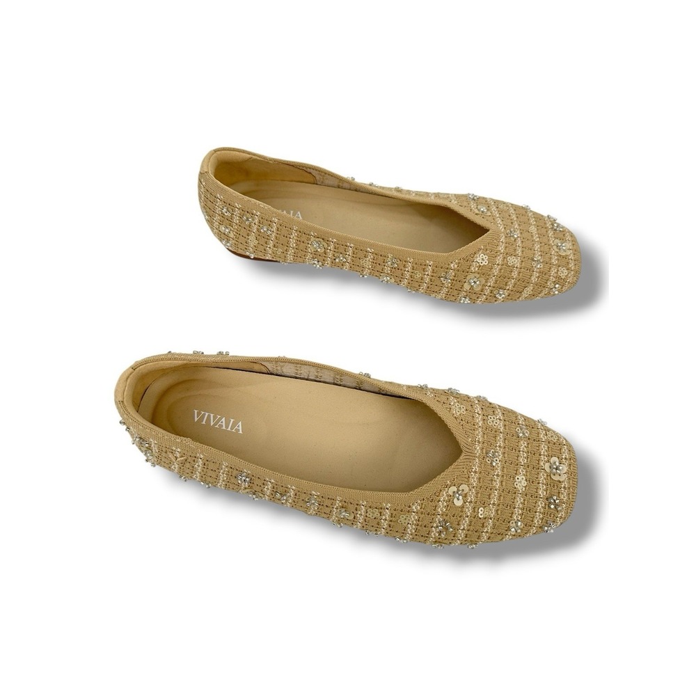 VIVAIA Margot 2.0 Square Toe V-Cut Knit Flats Beige Floral EU 39 US 8 NIB